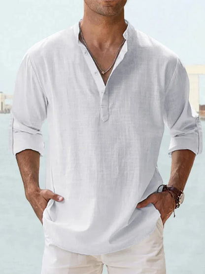 Men’s Casual Henley Collar Long Sleeve Cotton Shirt