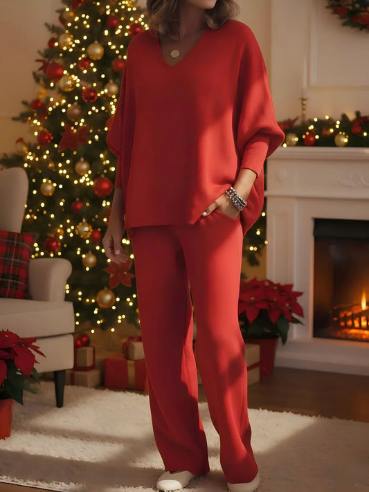 Women’s Cosy V-Neck Knit Lounge Top & Trousers Set