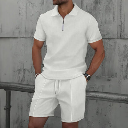 Men’s Textured Zip Polo Shirt and Shorts Set