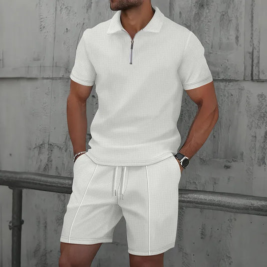 Men’s Textured Zip Polo Shirt and Shorts Set