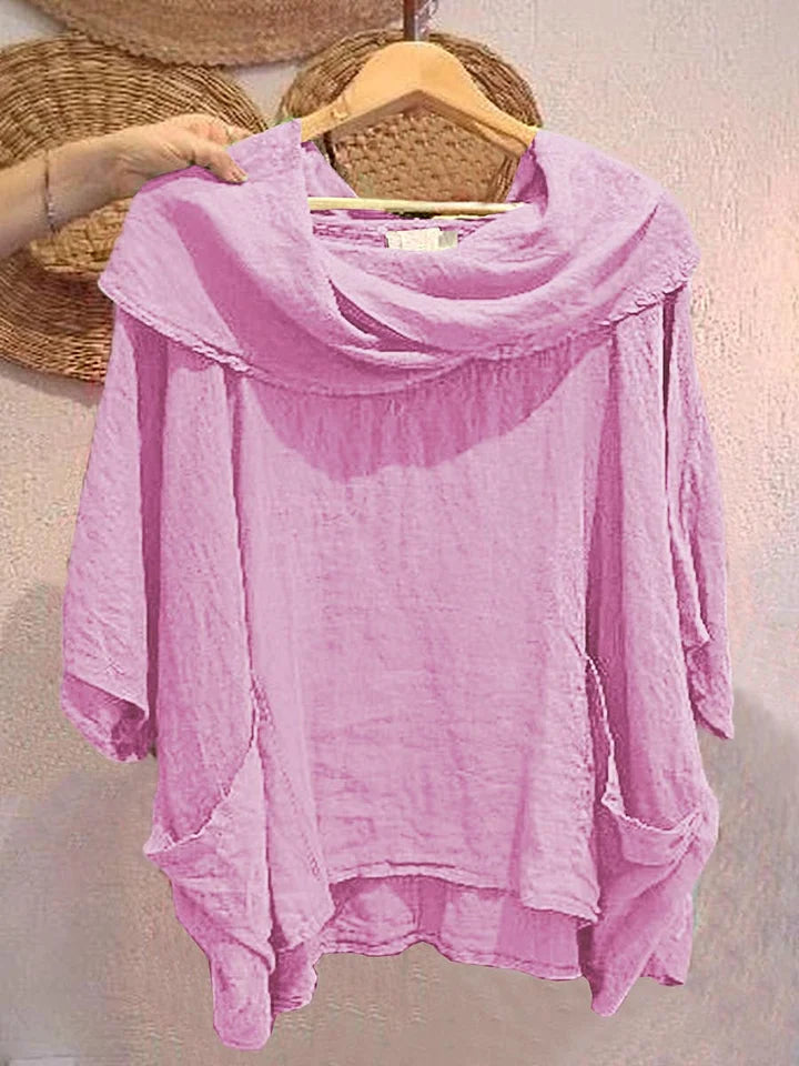 Women’s Draped Neck Linen-Blend Pocket Top