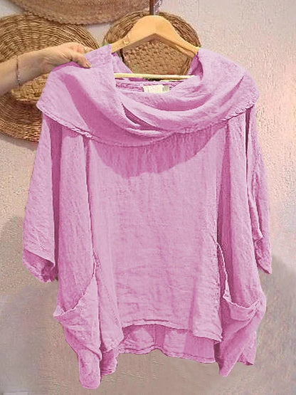 Women’s Draped Neck Linen-Blend Pocket Top