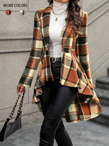 Women’s Plaid Longline Coat with Irregular Hem