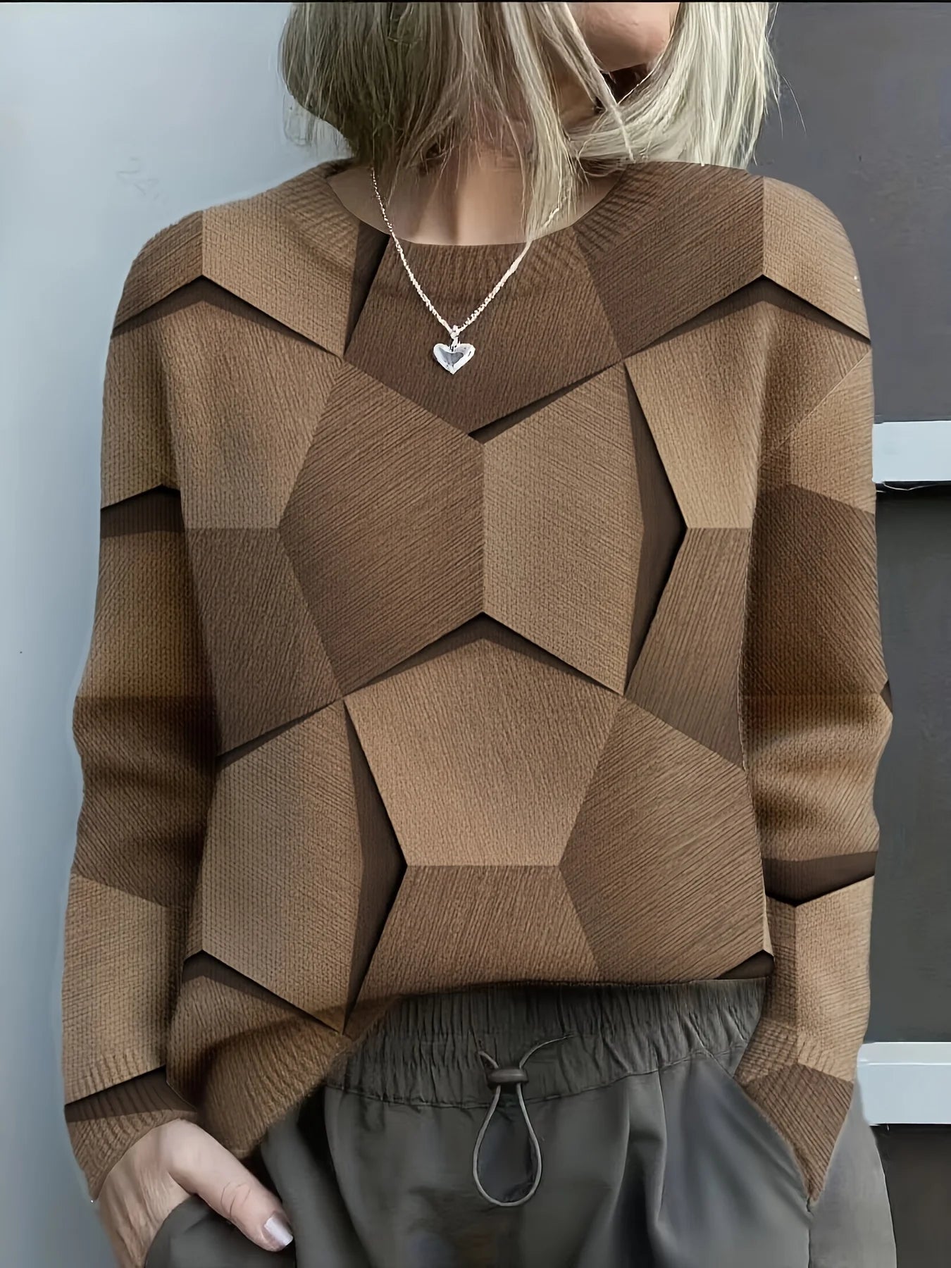 Knitted 3D Geometric Print Sweater