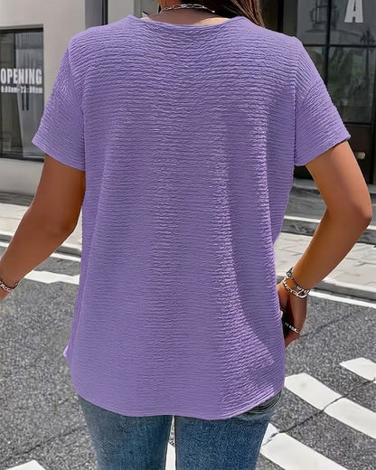 Women’s Textured V-Neck Button Detail Casual T-Shirt