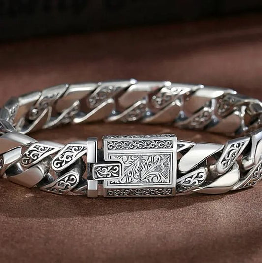 Engraved Silver-Tone Link Bracelet