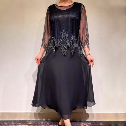 Women’s Shimmer Overlay A-Line Midi Dress with Sheer Sleeves
