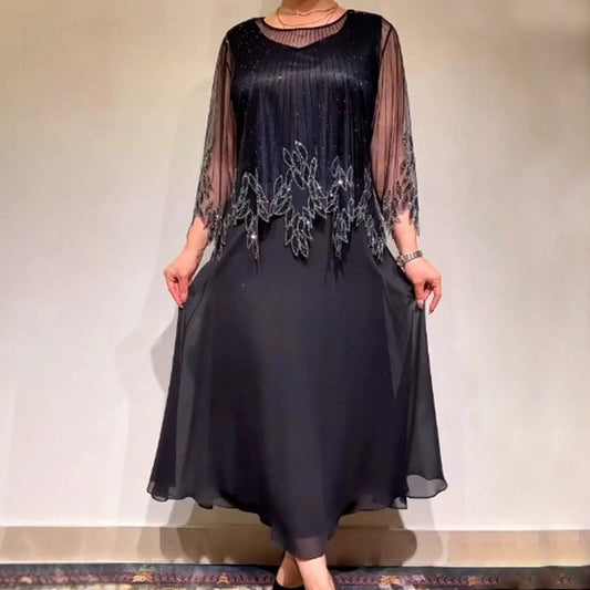 Women’s Shimmer Overlay A-Line Midi Dress with Sheer Sleeves