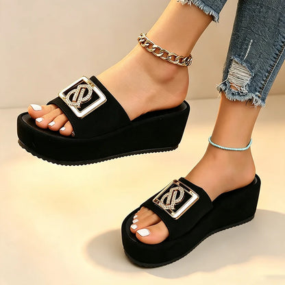 Women's Sparkle Buckle Platform Slides