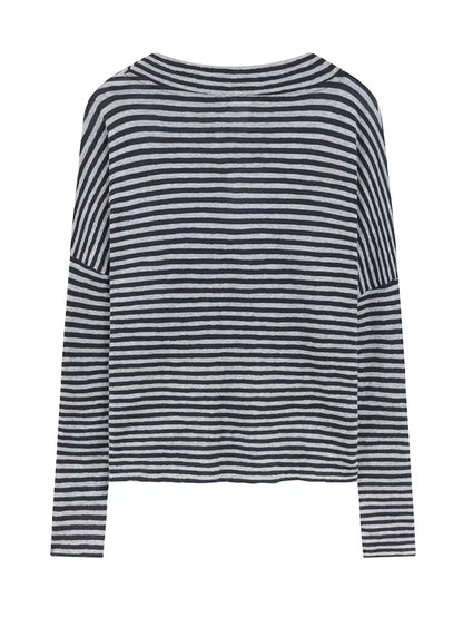 Women's Navy Striped Sheer Relaxed-Fit Long-Sleeve Top