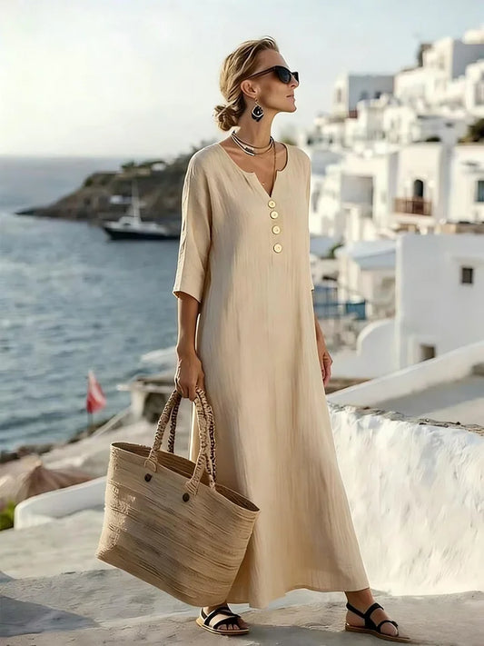 Women’s Relaxed V-Neck Button Detail Midi Dress