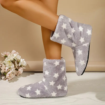 Cozy Star & Heart Plush Slipper Boots – Warm, Non-Slip Sole