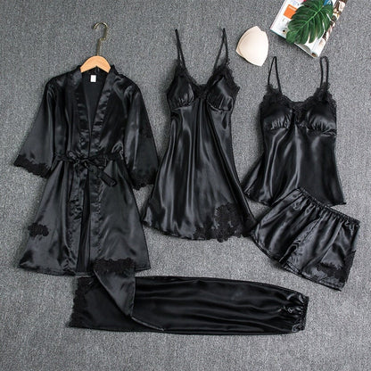 Women’s Silky Lace-Trim 5-Piece Nightwear Set