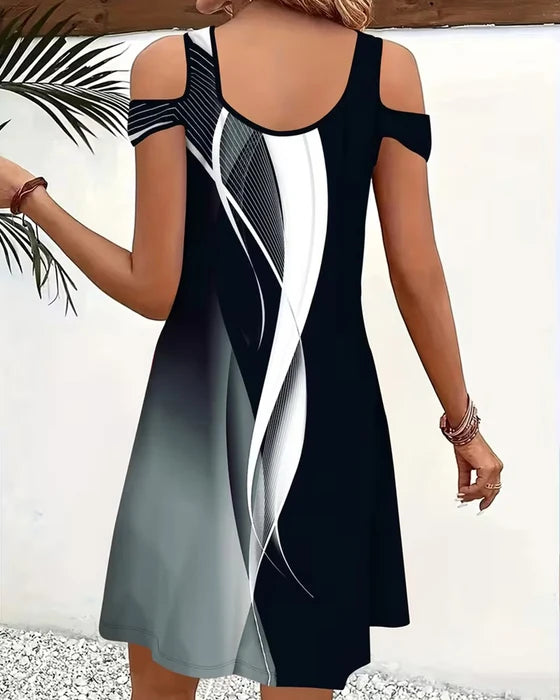 Monochrome V-Neck Cold-Shoulder Dress