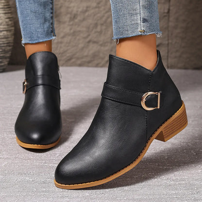 Women’s Comfortable Chunky Heel Leather-Look Ankle Boots