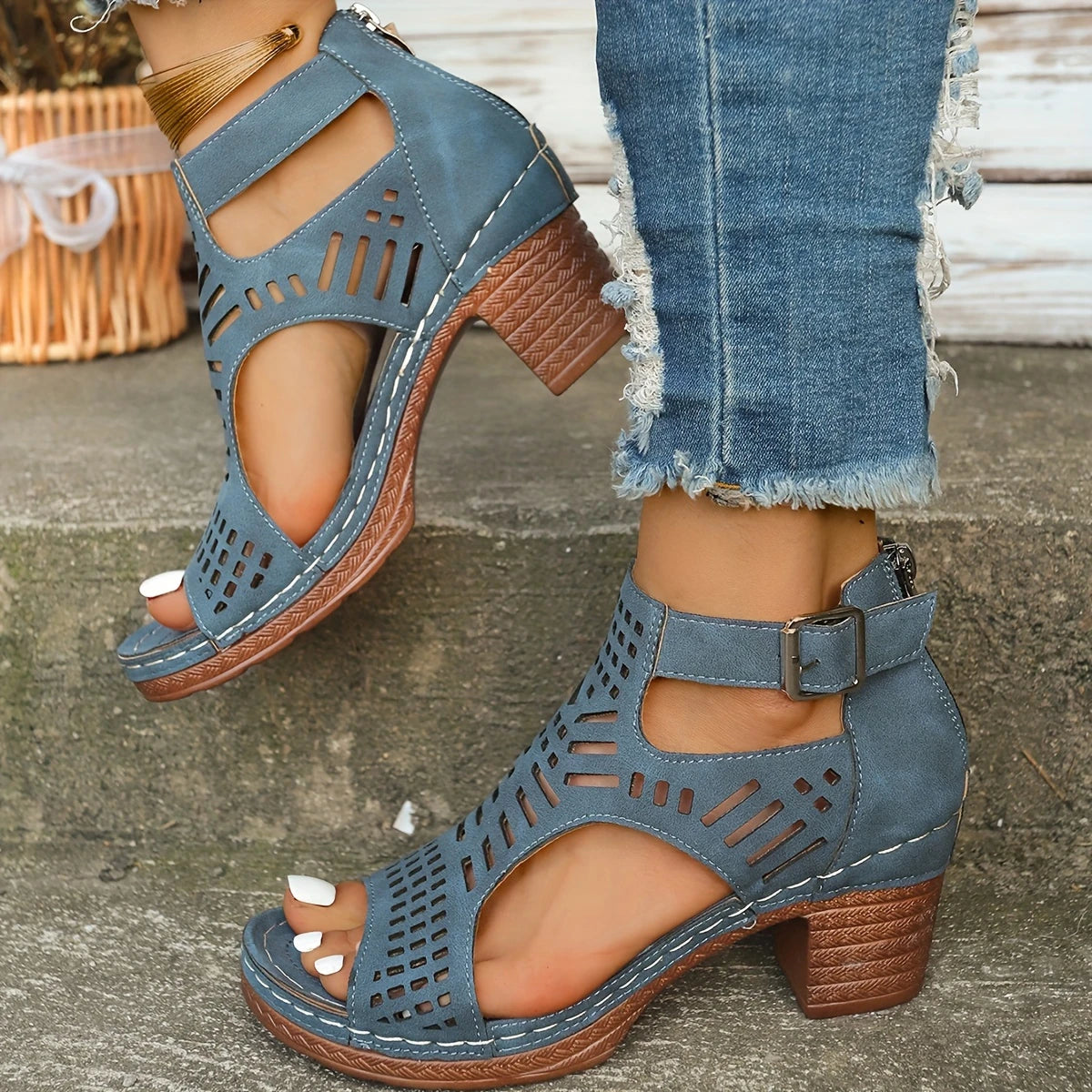 Women's Platform Heel Sandals - Open-Toe Zipper Design
