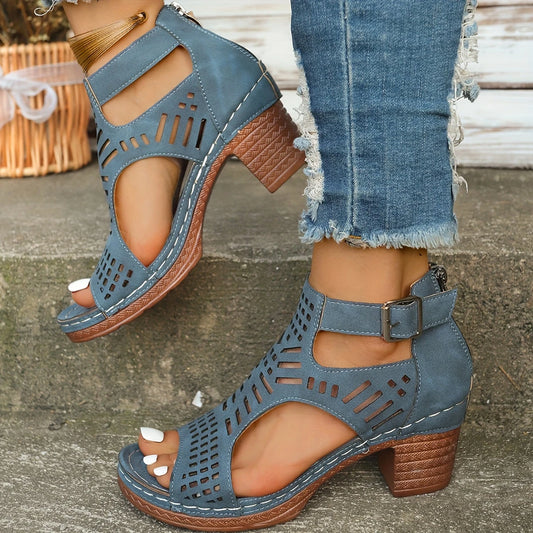 Women's Platform Heel Sandals - Open-Toe Zipper Design