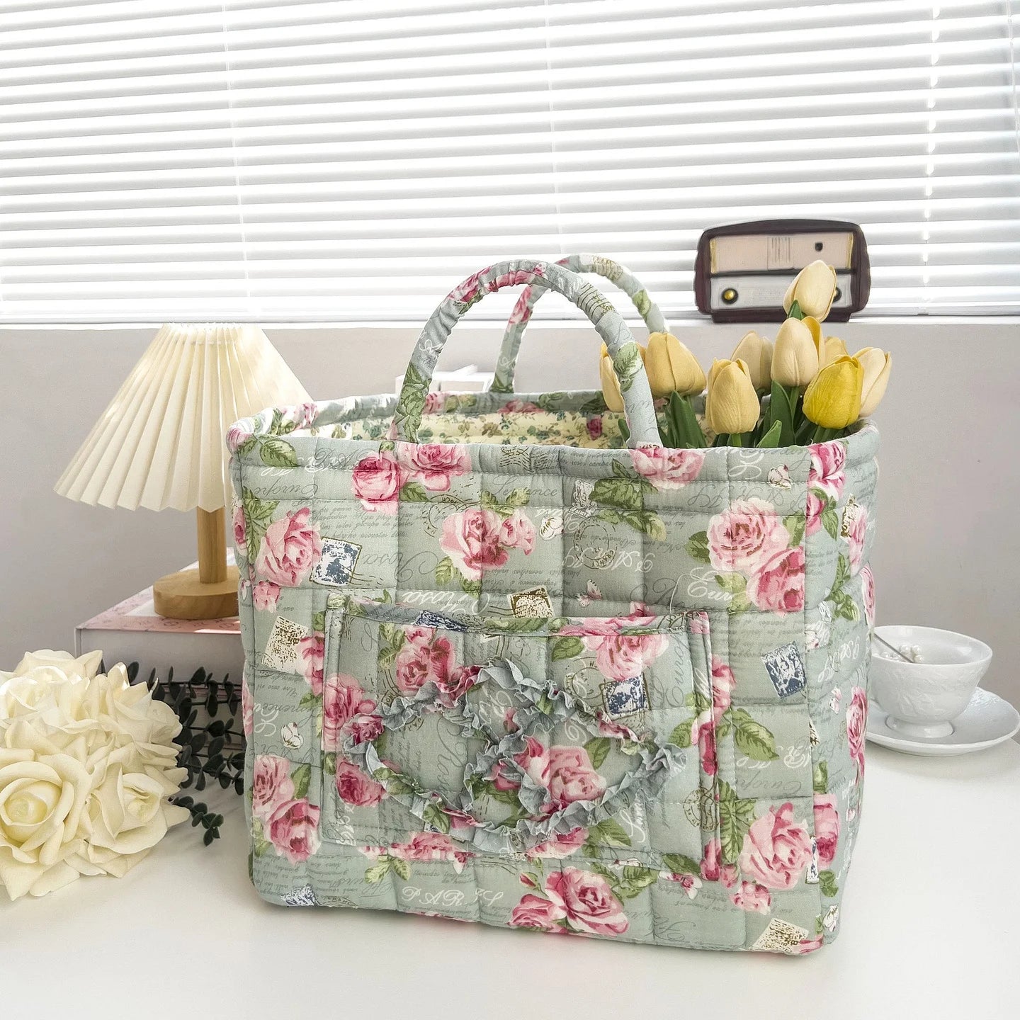 Boho Quilted Fabric Storage Basket Tote