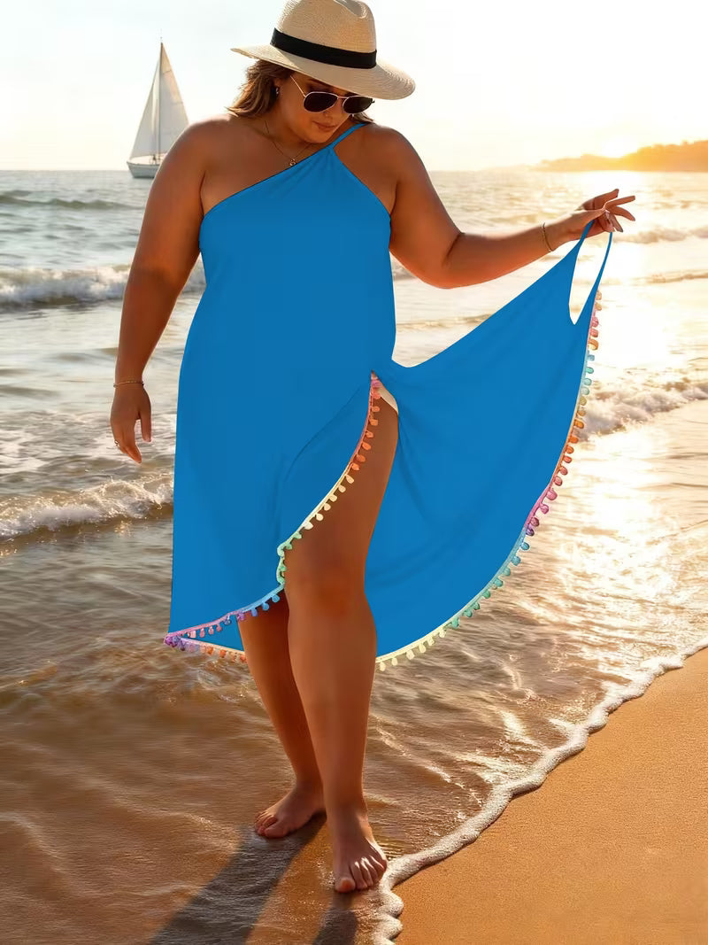 Women's Plus Size Pom Trim Beach Cover-Up