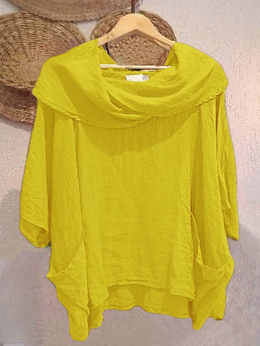 Women’s Draped Neck Linen-Blend Pocket Top