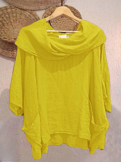 Women’s Draped Neck Linen-Blend Pocket Top