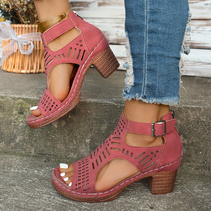 Women's Platform Heel Sandals - Open-Toe Zipper Design