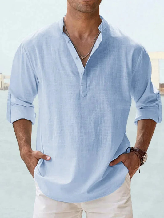 Men’s Casual Henley Collar Long Sleeve Cotton Shirt