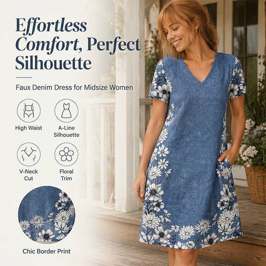 Women’s Denim-Print Floral V-Neck Dress