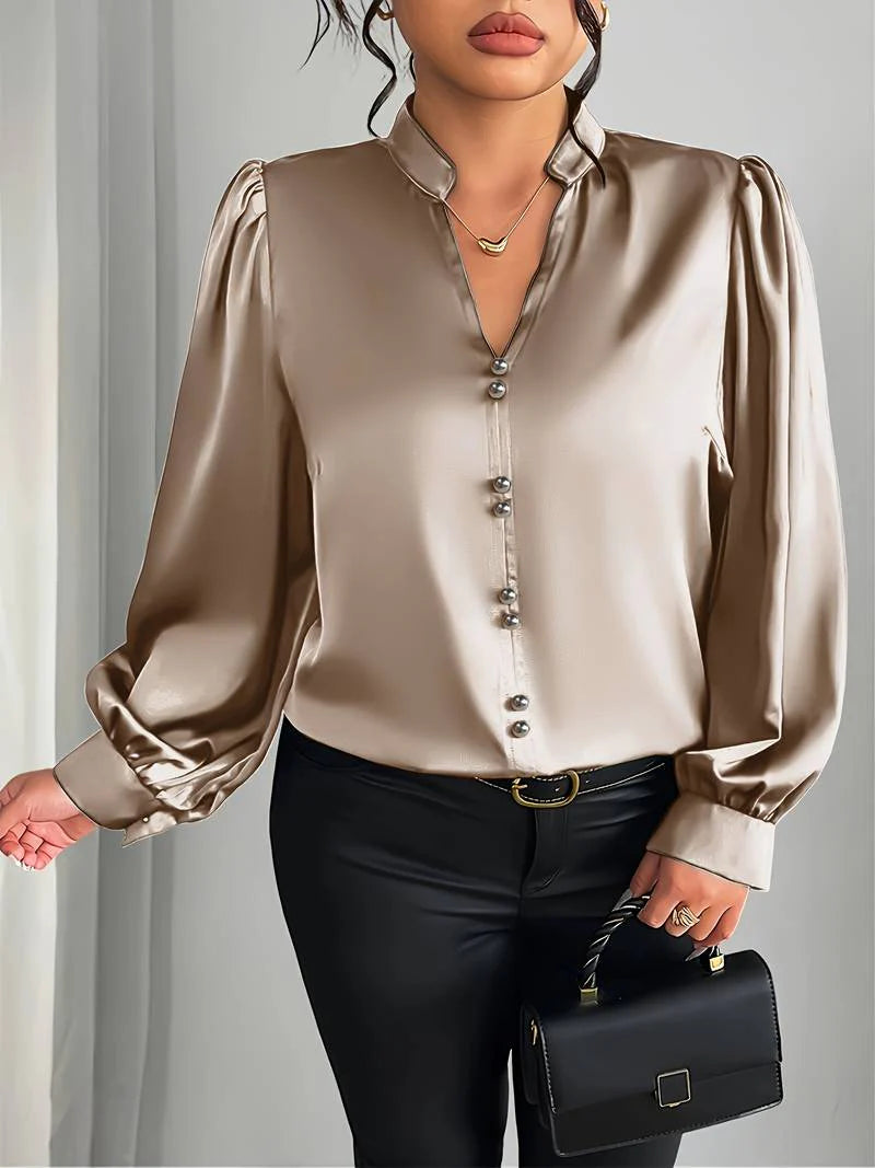 Women’s Satin Bubble-Sleeve V-Neck Blouse