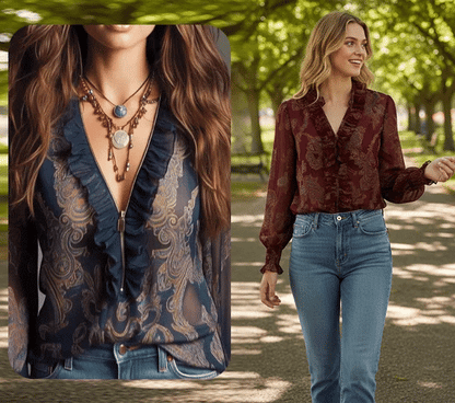 Women’s Half Zip Ruffle Retro Blouse