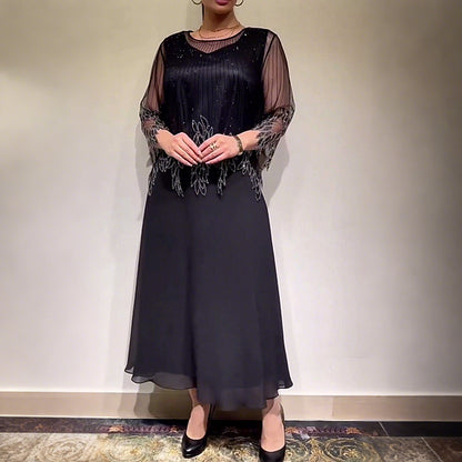 Women’s Shimmer Overlay A-Line Midi Dress with Sheer Sleeves