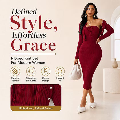 Women's Ribbed Midi Dress & Cropped Cardigan Set