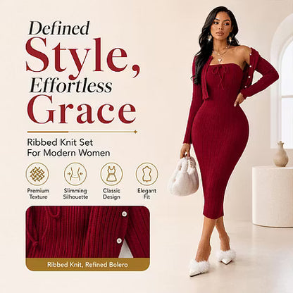 Women's Ribbed Midi Dress & Cropped Cardigan Set