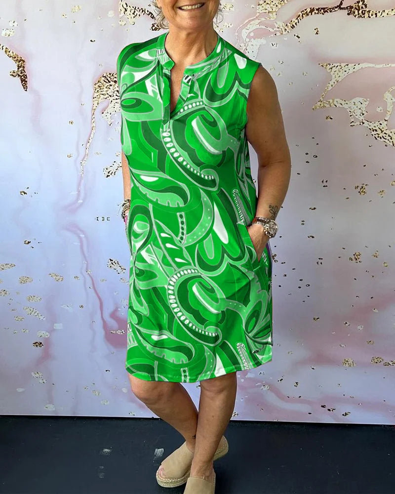 Women’s Printed Sleeveless Stand Collar Pocket Dress