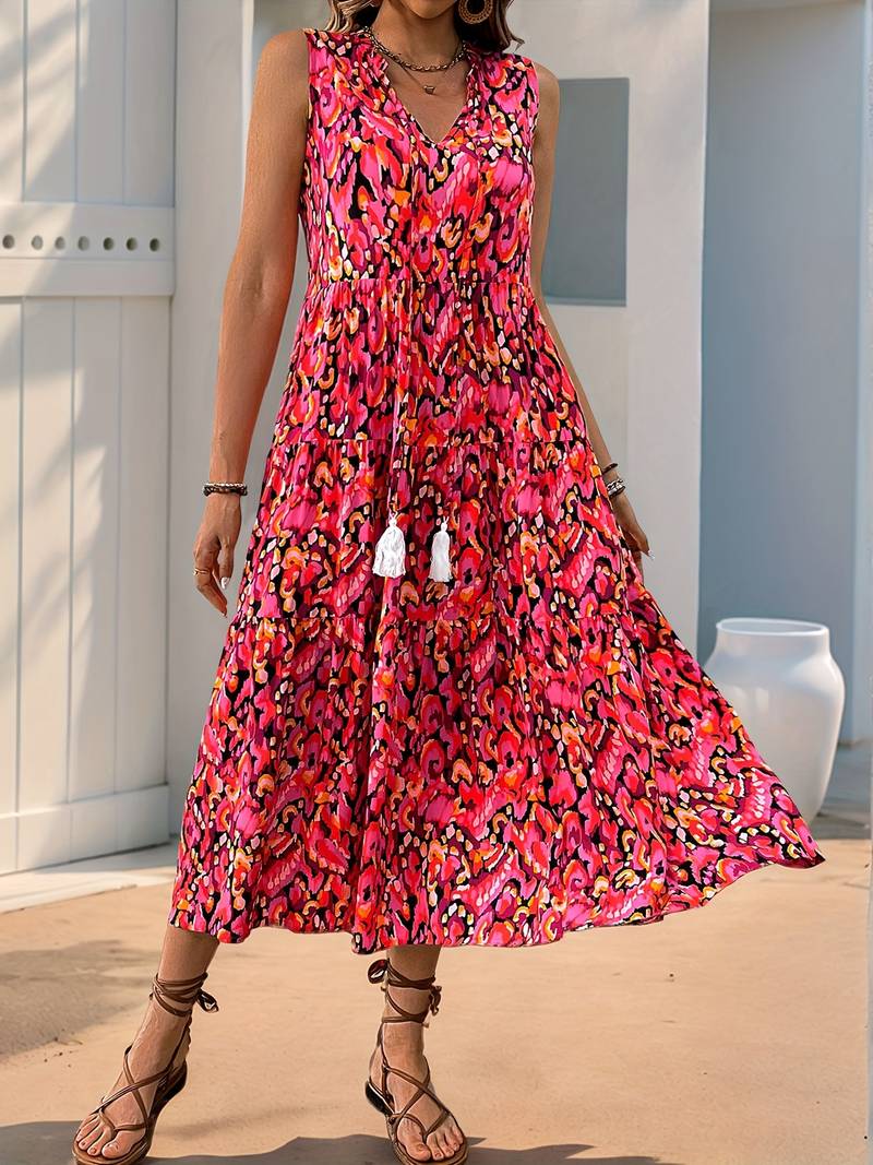 Women’s Bohemian Tassel-Tie Sleeveless Printed Midi Dress
