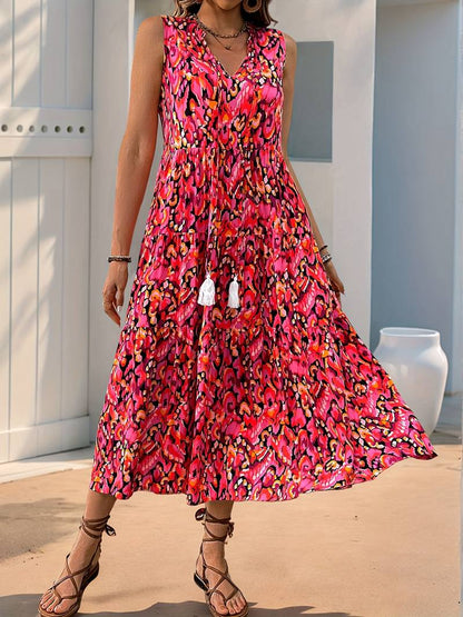 Women’s Bohemian Tassel-Tie Sleeveless Printed Midi Dress