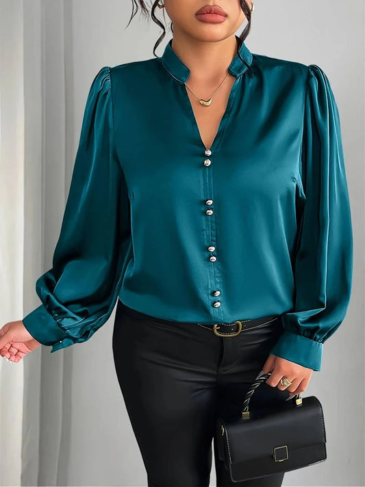 Women’s Satin Bubble-Sleeve V-Neck Blouse