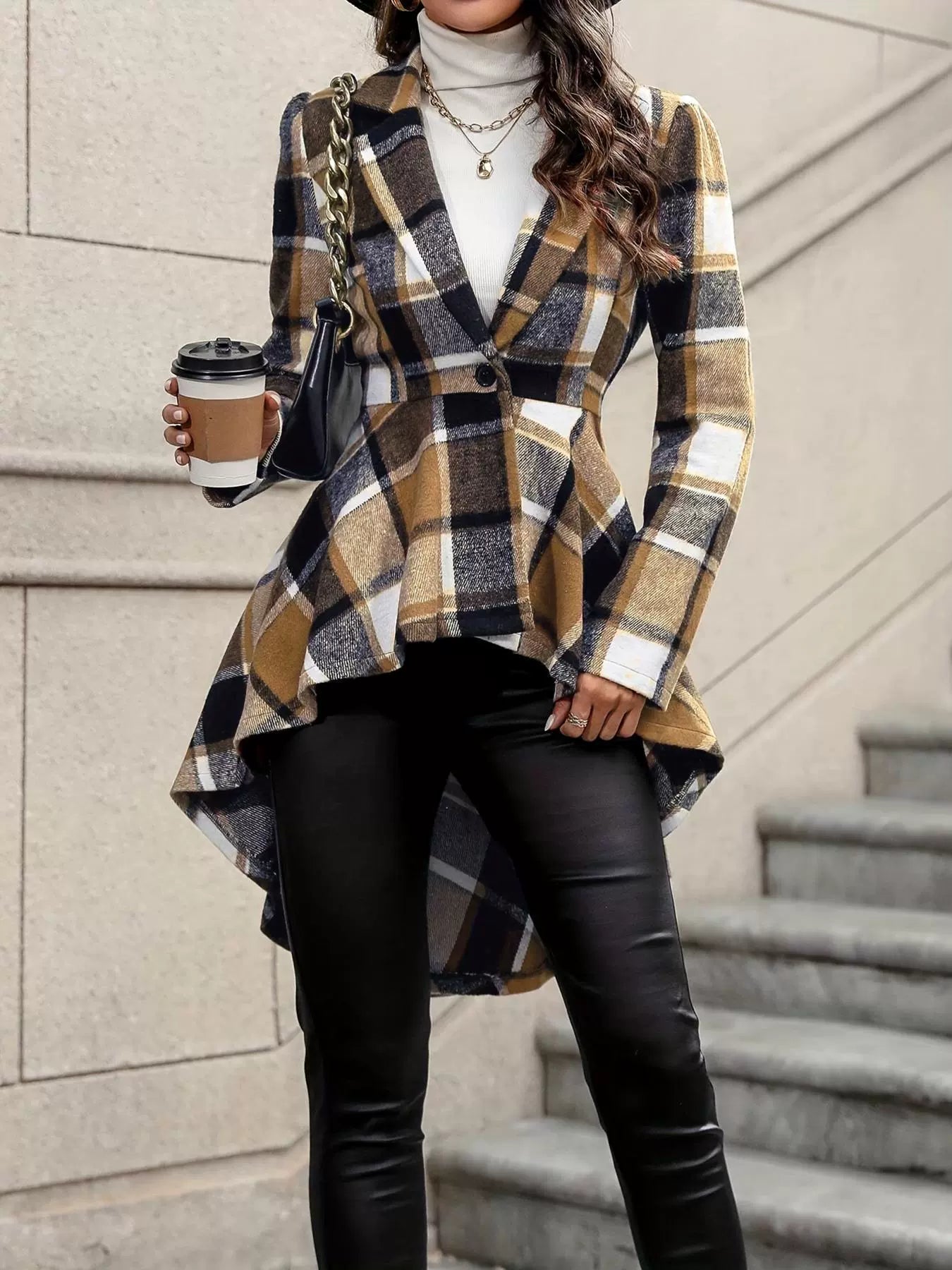 Women’s Plaid Longline Coat with Irregular Hem