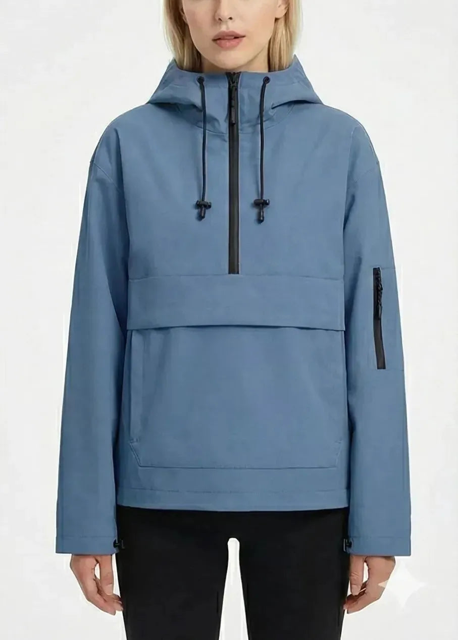 Women’s Fleece-Lined Waterproof Half-Zip Rain Jacket with Kangaroo Pocket