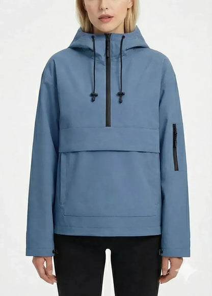 Women’s Fleece-Lined Waterproof Half-Zip Rain Jacket with Kangaroo Pocket