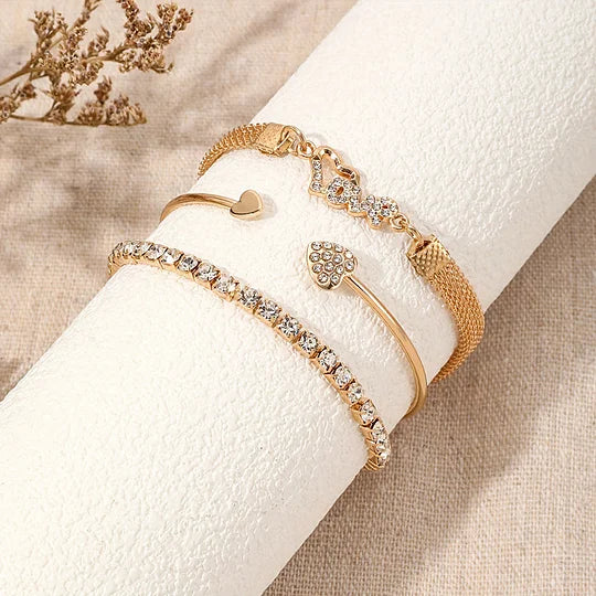 Boho Heart Crystal Gold Bracelet Trio Set