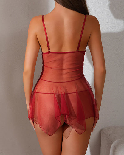 Women’s Lace and Sheer Mesh Babydoll Set