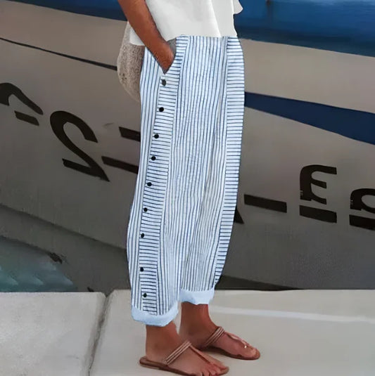 Women’s Blue Striped Lightweight Trousers with Side Pockets