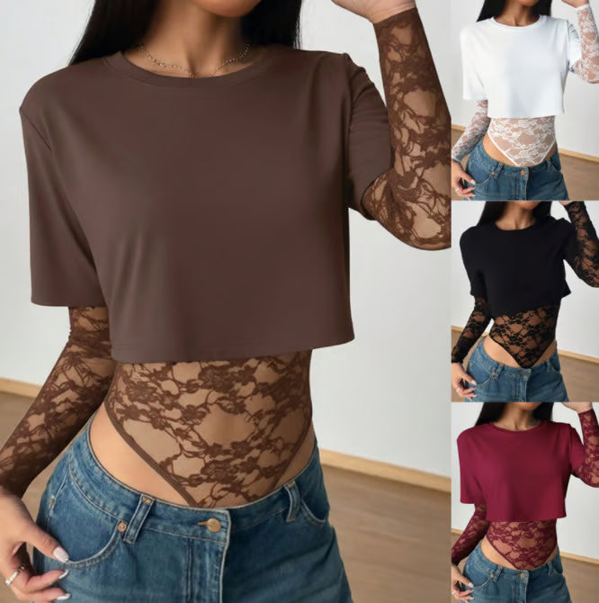 Women's Lace Panel Crop Bodysuit