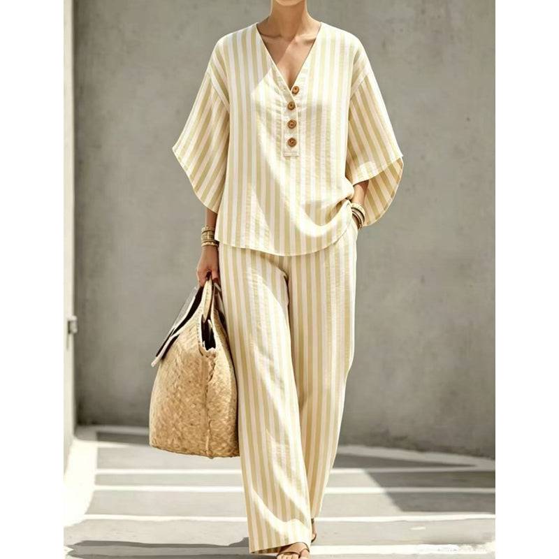 Women's Striped V-Neck Trousers Set