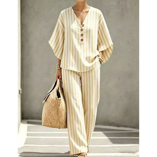 Women's Striped V-Neck Trousers Set