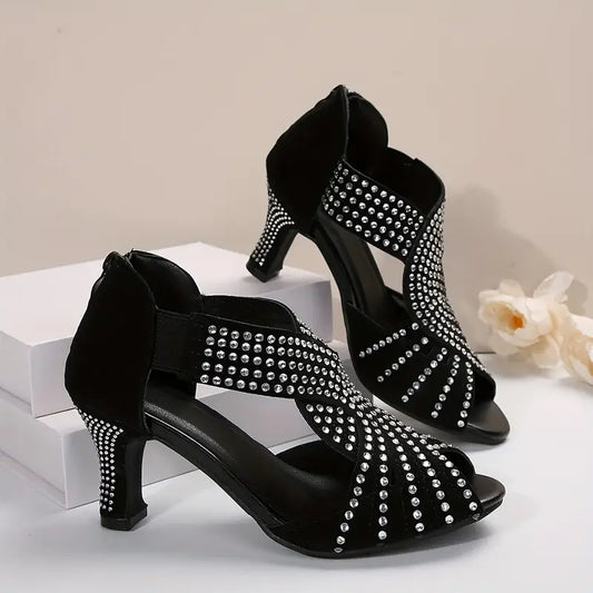 Women's Rhinestone Strappy Sandals – Mid Heel & Ankle Strap