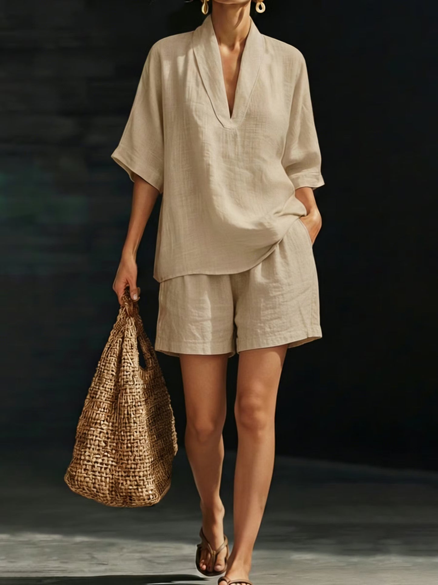 Women’s Relaxed V-Neck Top and Shorts Set