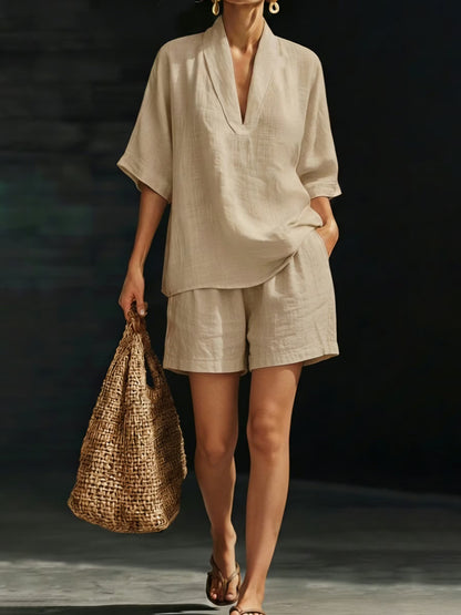 Women’s Relaxed V-Neck Top and Shorts Set
