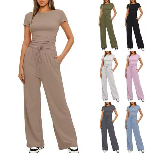 Women's Summer Ruched Top & Wide-Leg Pants Set